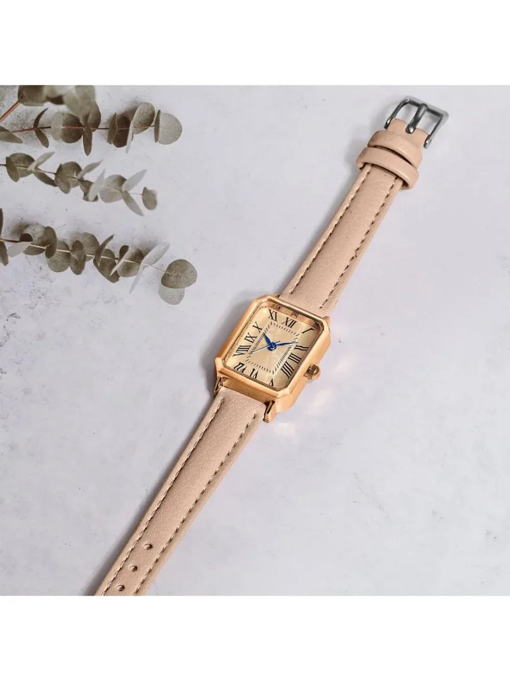 Women's Apricot Gold Leather Strap Elegant Dainty Vintage Rectangle Wrist Watch